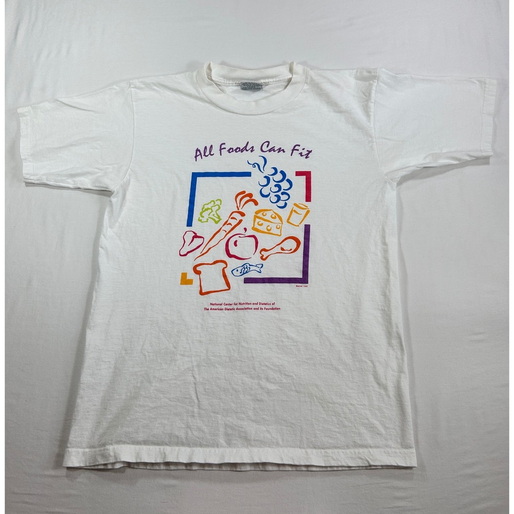 Vintage 1997 Gildan All Foods Can Fit T-Shirt White Large Nutrition Graphic